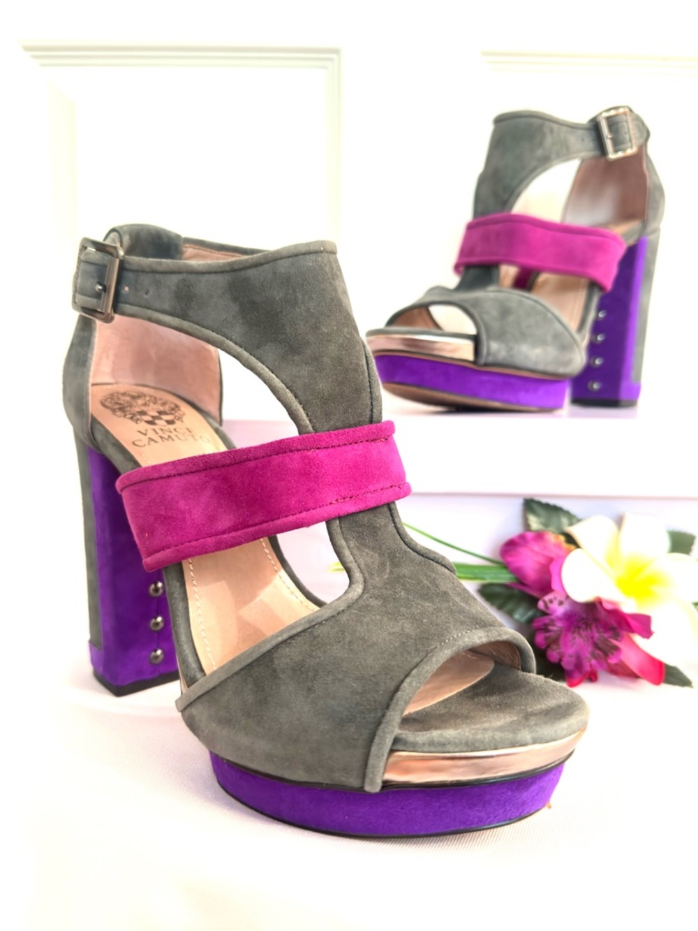 VINCE CAMUTO ~ Gray Suede Block Heels with Fuchsia and Purple Accents